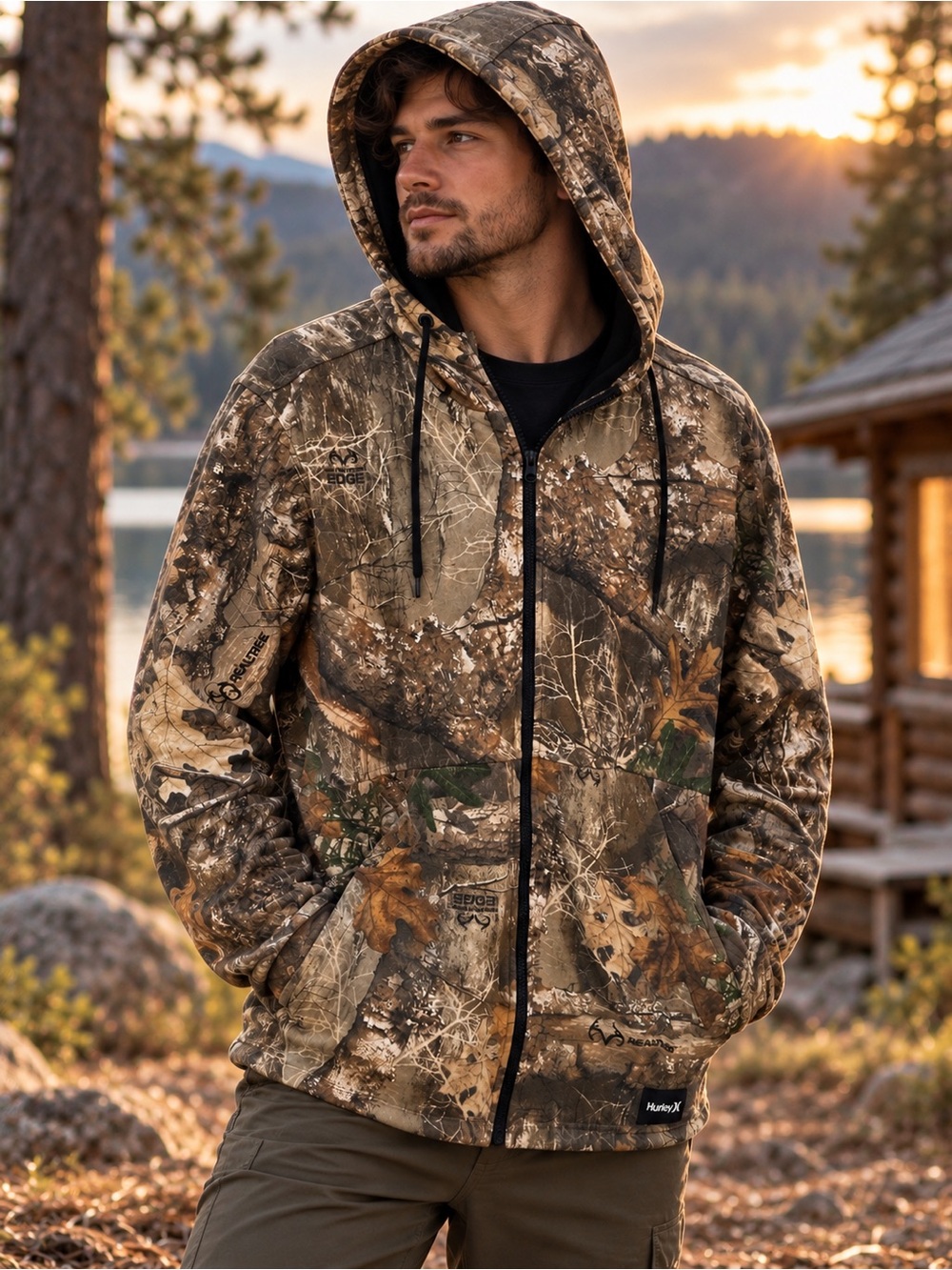 Hurley Realtree EDGE Camo Full Zip Hoodie Jacket Men’s Large Hunting Outdoor